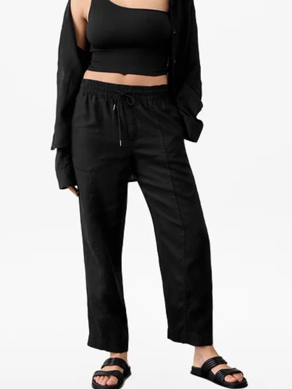 Athleta Black 100% Linen Cropped Drawstring Ankle Pants